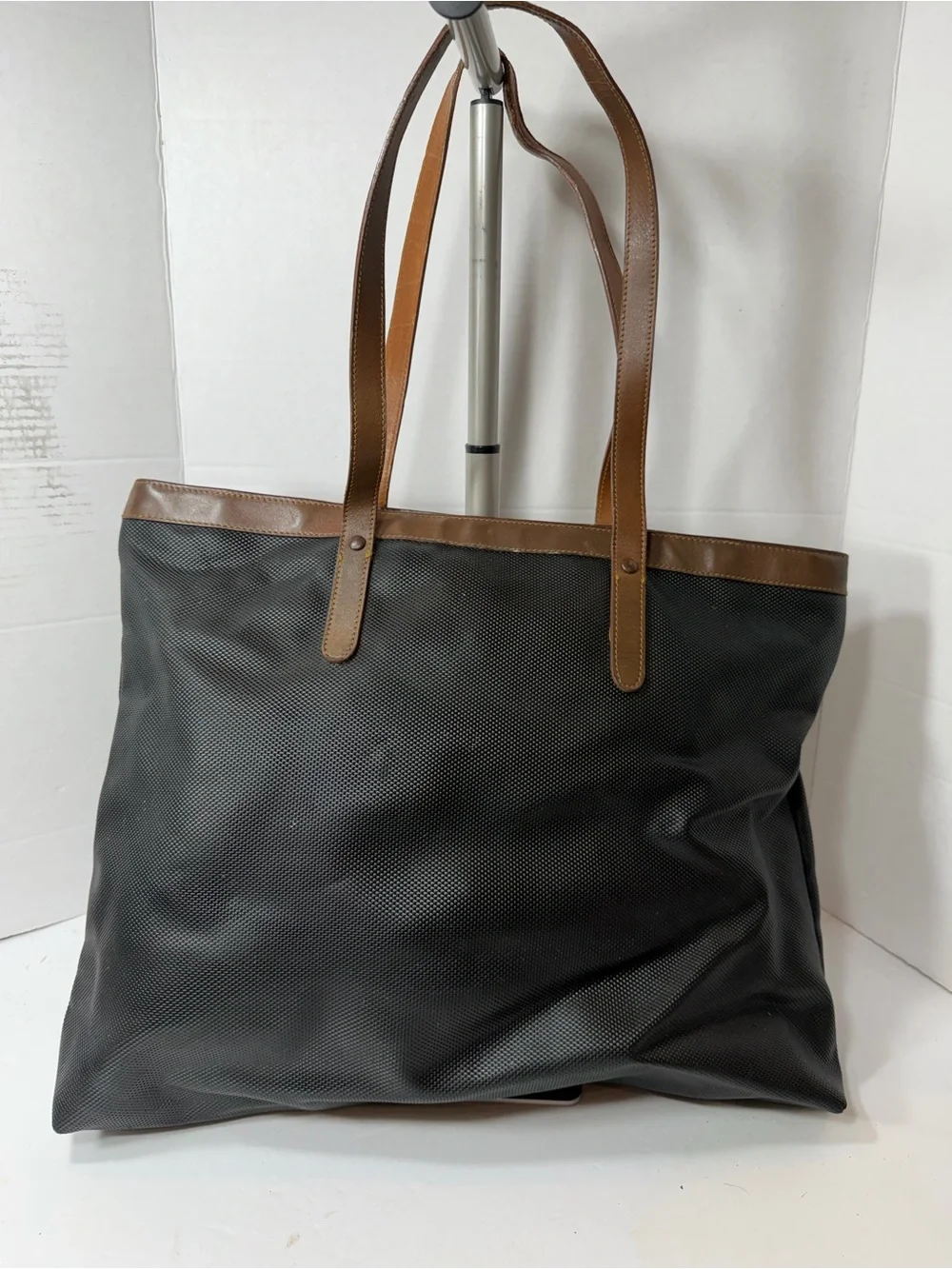 SALVATORE FERRAGAMO Vintage Authentic Black Coated Canvas/Vinyl and Leather Trim